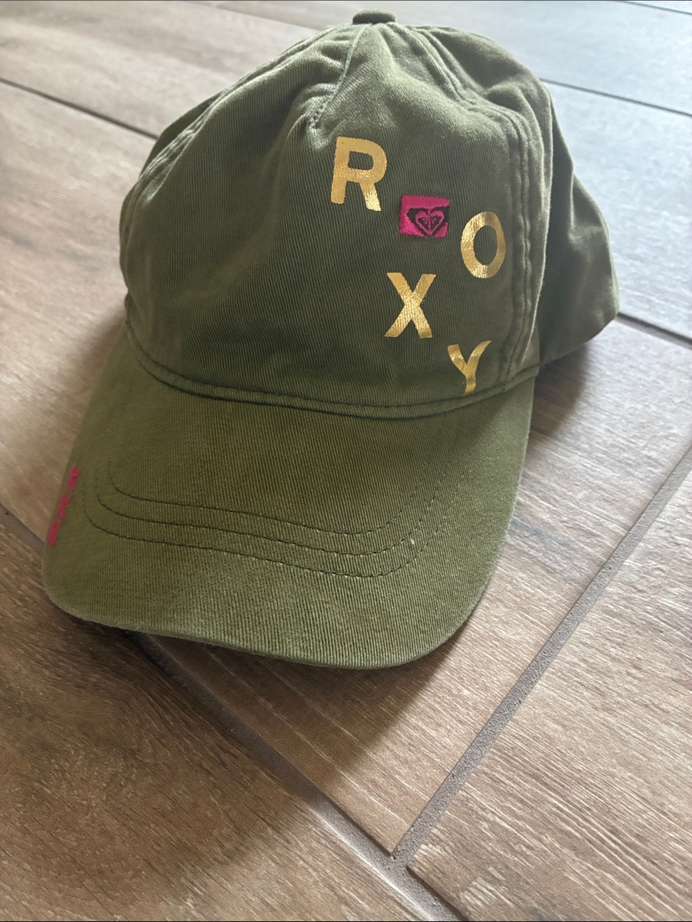 Roxy Olive Green Baseball Cap with Gold Lettering and Pink Logo